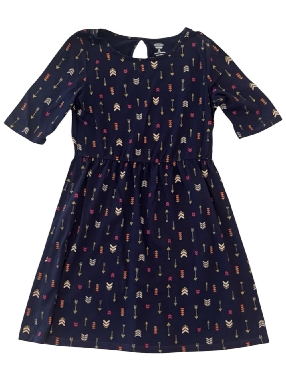 Old Navy Girls Dress Size 8 Navy Blue Gold Pink Arrow Print Short Sleeve Casual